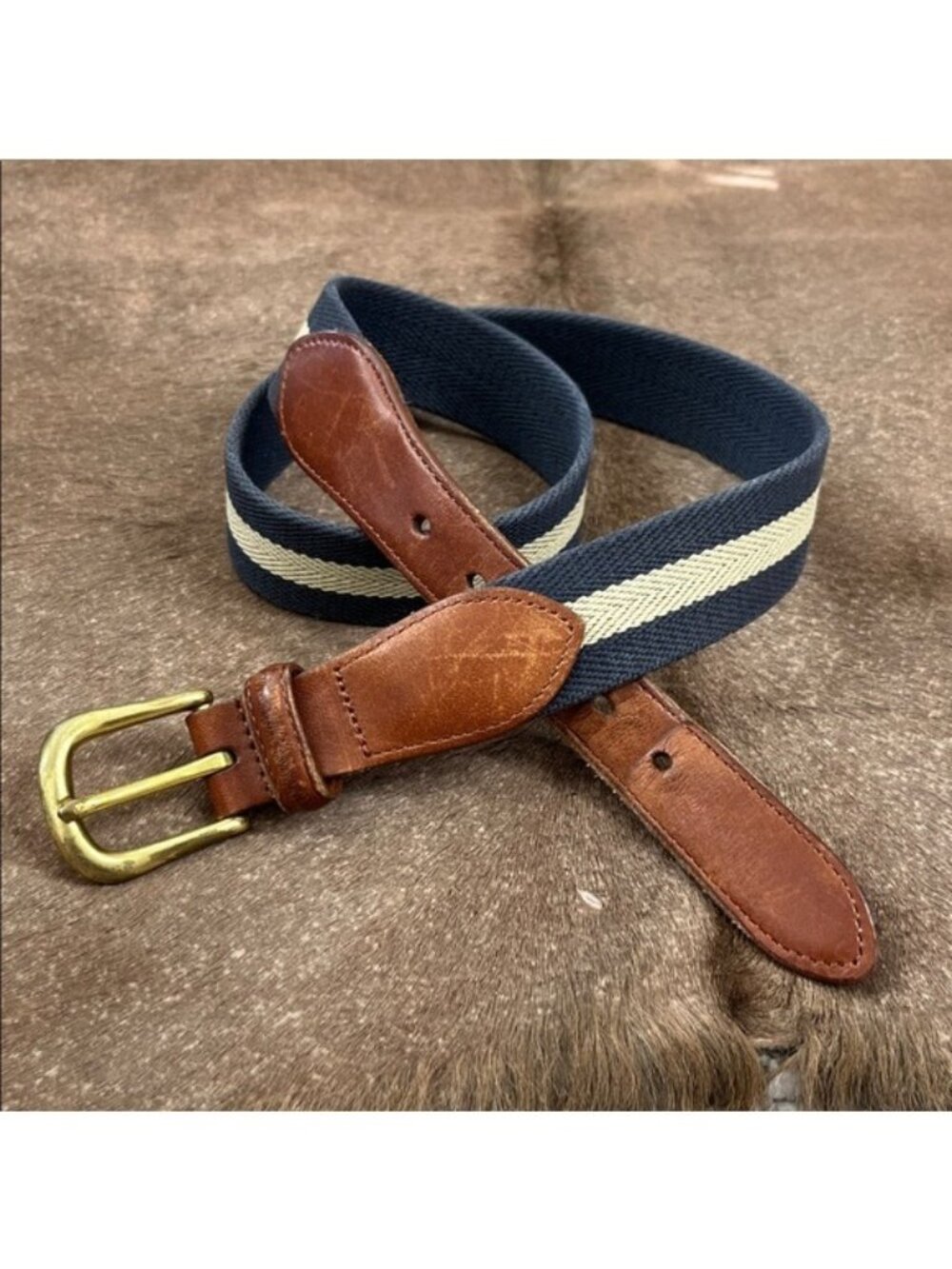 COACH NY Striped Cotton Canvas Ribbon Leather Tab Preppy Belt
